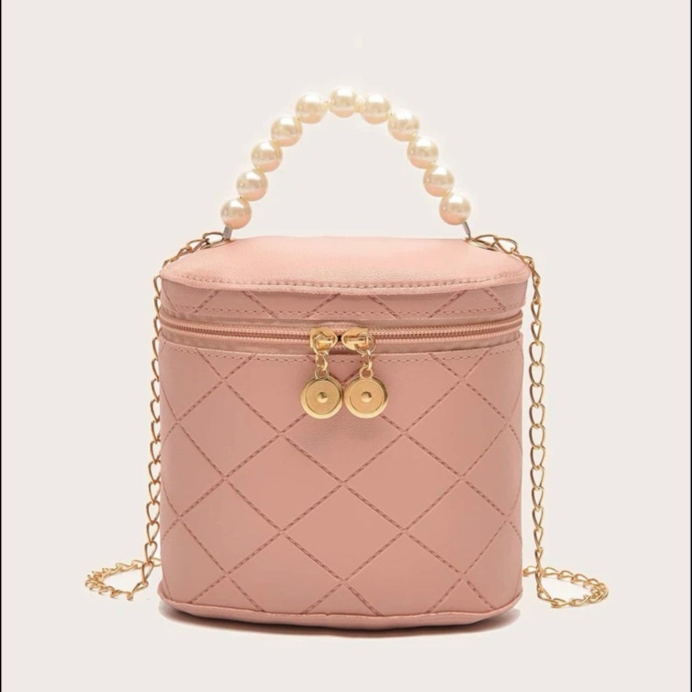 Light Pink Mini Bucket Bag with Faux Pearls and a Chain strap.